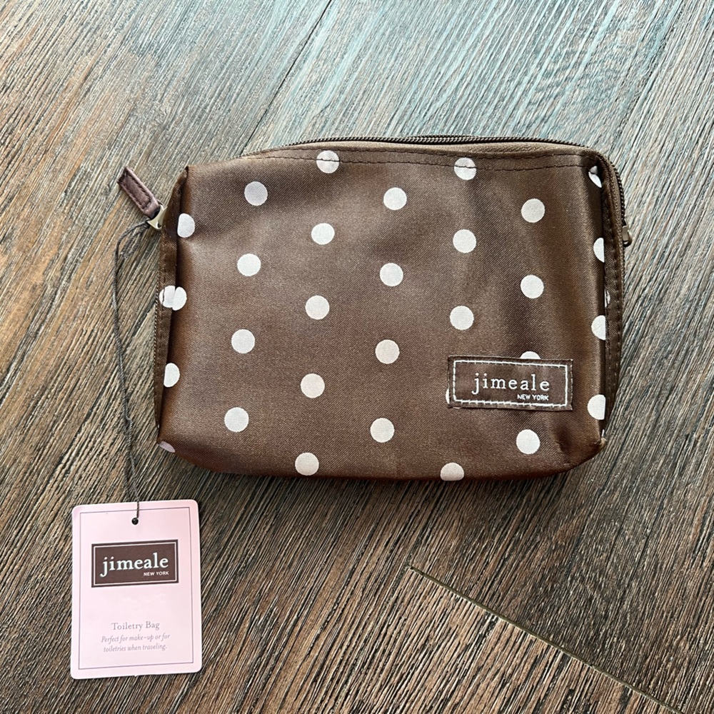 NWT Jimeale Cosmetic bag toiletry bag. Brown with white polka dots.